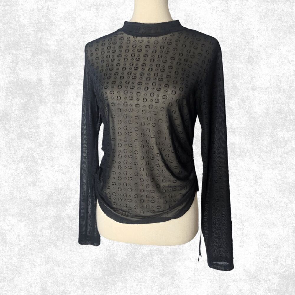 Guess Black Sheer Mesh Monogram Top – Edgy Long Sleeve Festival Layering XL